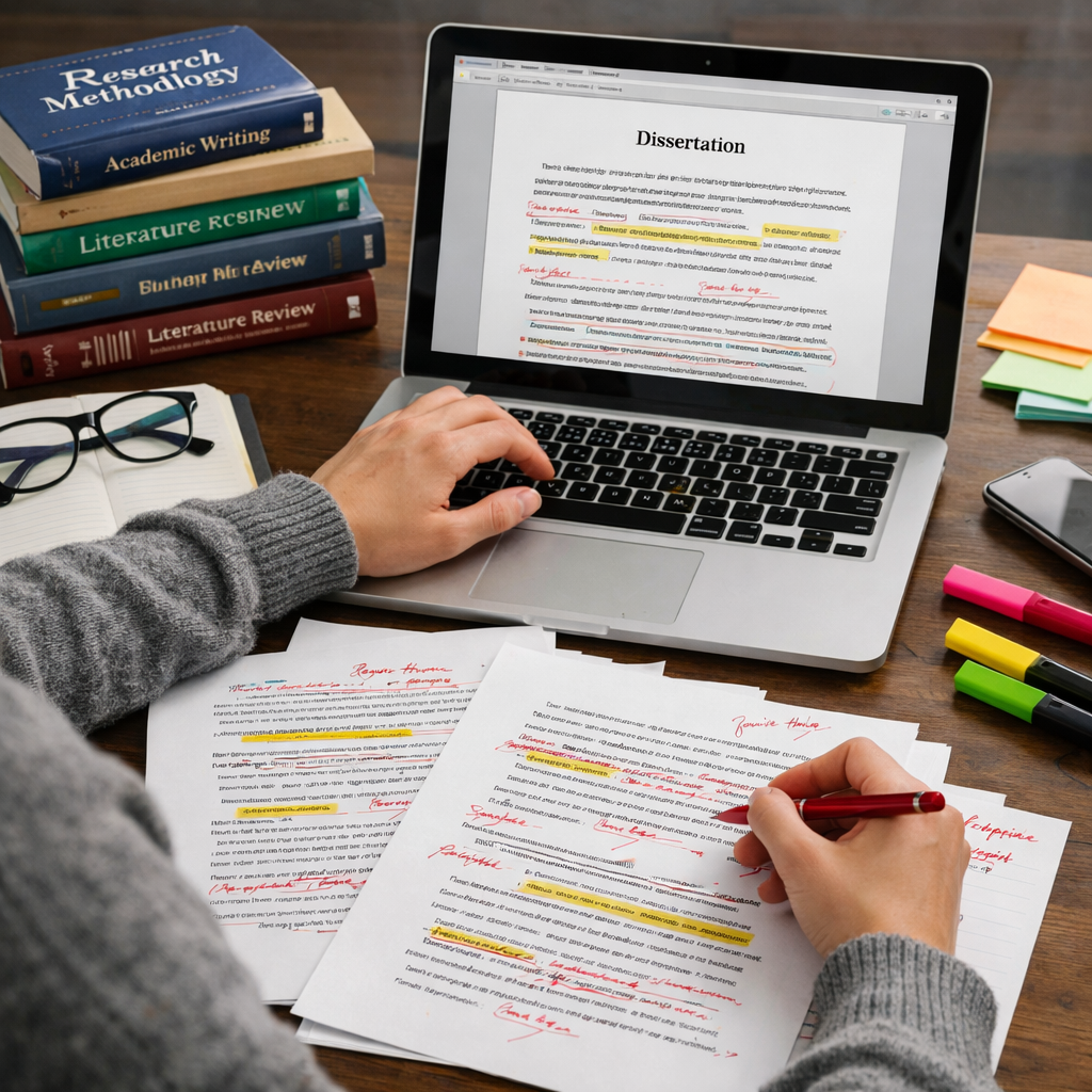 College essay grading rubric beside a marked student essay with feedback notes